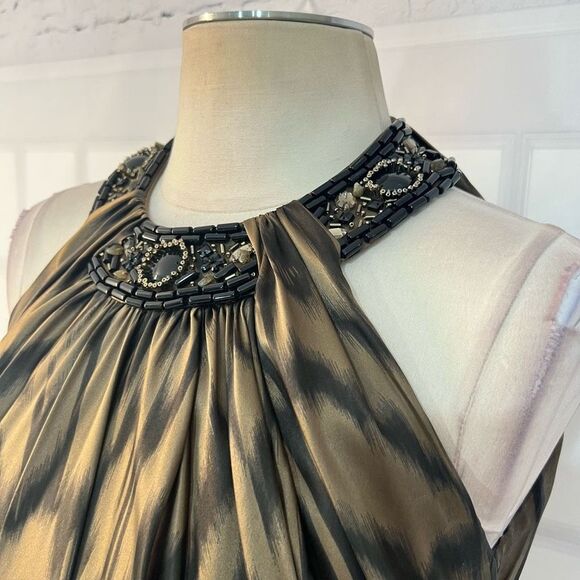 Carmen Marc Valvo Beaded Belted Ruched Silk Cocktail Green Evening Dress Size 4 - Picture 4 of 13